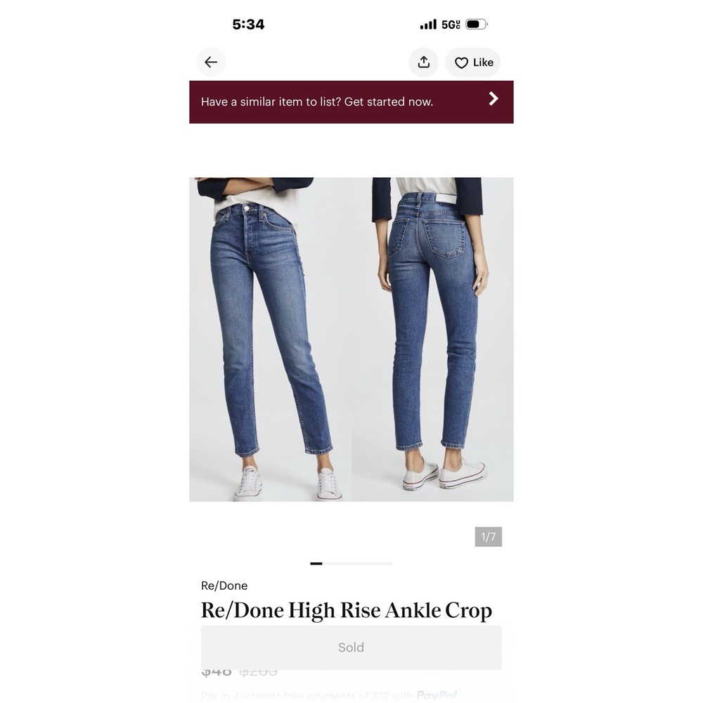 Re/Done High Rise Ankle Crop Stretch Size 26
